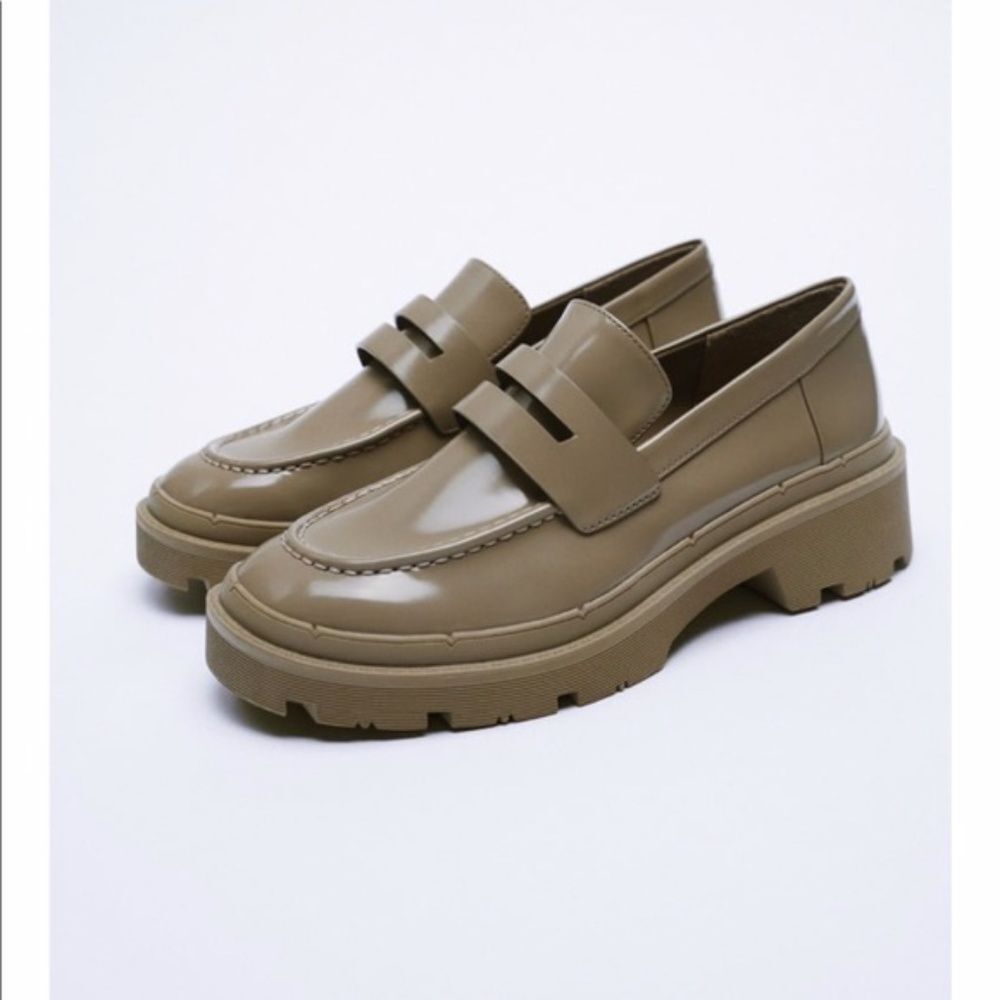 Zara Women's Khaki Patent Leather Lug Sole Loafers Size 41 US 10
